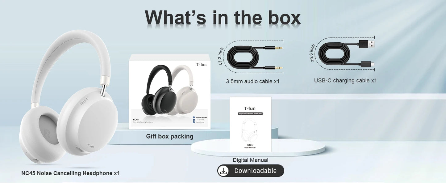 APP T-fun NC45 Bluetooth Active Noise Cancelling Headphones/Comfortable Wireless Over Ear Headphones with Mic, Hi-Res Audio,