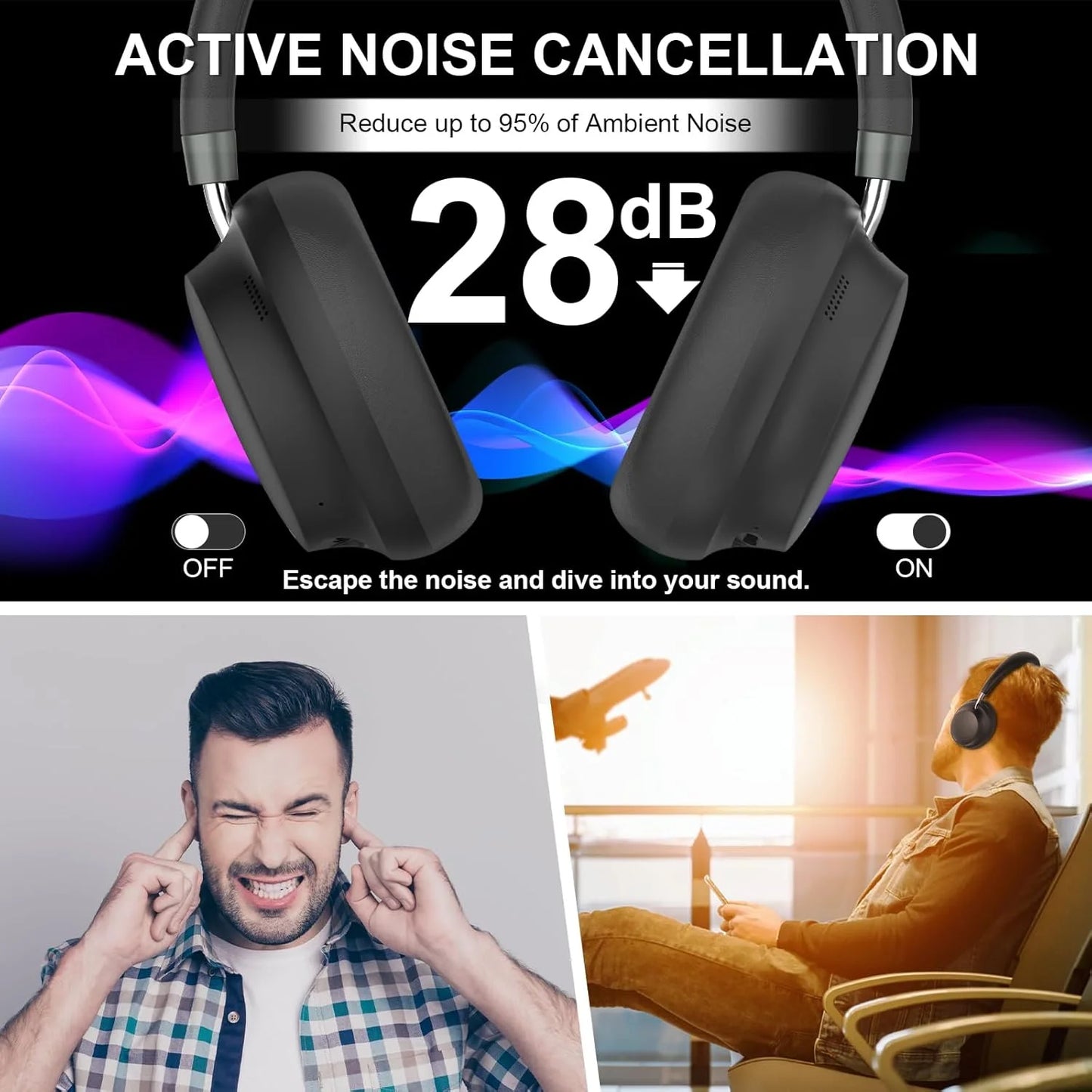 APP T-fun NC45 Bluetooth Active Noise Cancelling Headphones/Comfortable Wireless Over Ear Headphones with Mic, Hi-Res Audio,