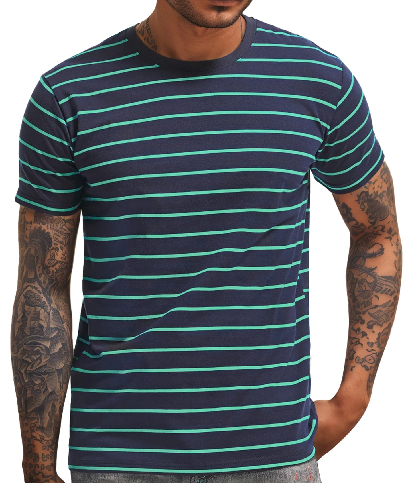 Men's Crew Neck Striped Short Sleeve T-Shirt/Comfortable and Soft Cotton Fabric for Casual Summer Outfits