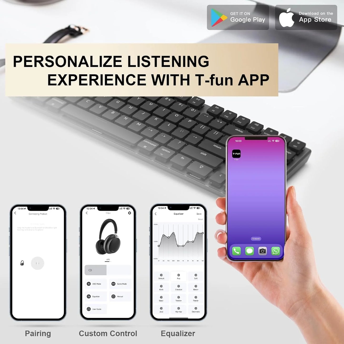 APP T-fun NC45 Bluetooth Active Noise Cancelling Headphones/Comfortable Wireless Over Ear Headphones with Mic, Hi-Res Audio,