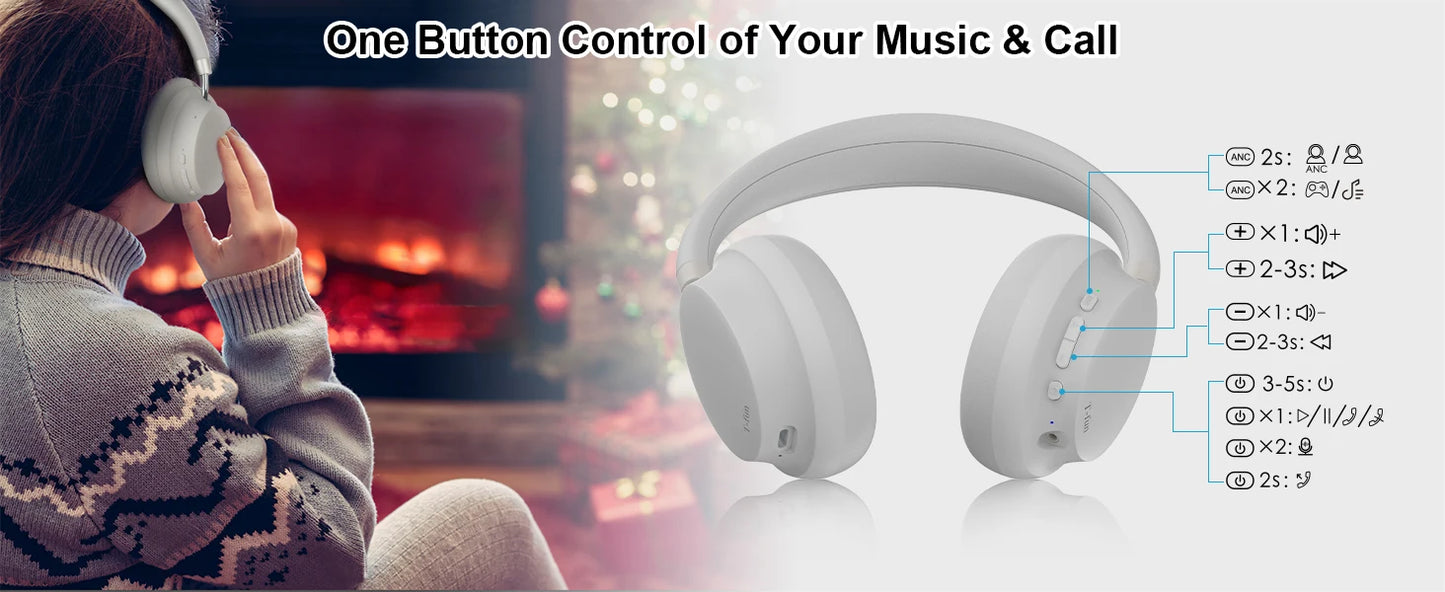 APP T-fun NC45 Bluetooth Active Noise Cancelling Headphones/Comfortable Wireless Over Ear Headphones with Mic, Hi-Res Audio,