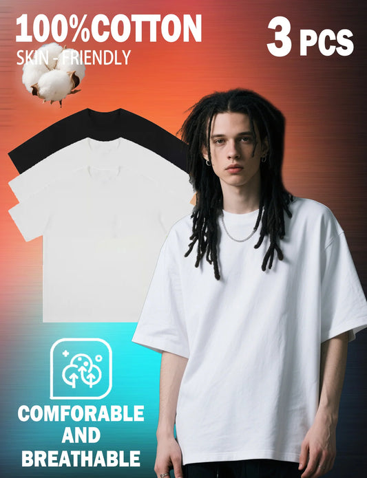 3-Piece Men's T-Shirt Set, 220 Gram Cotton Heavyweight/American Men's Apparel Available in Black and White.