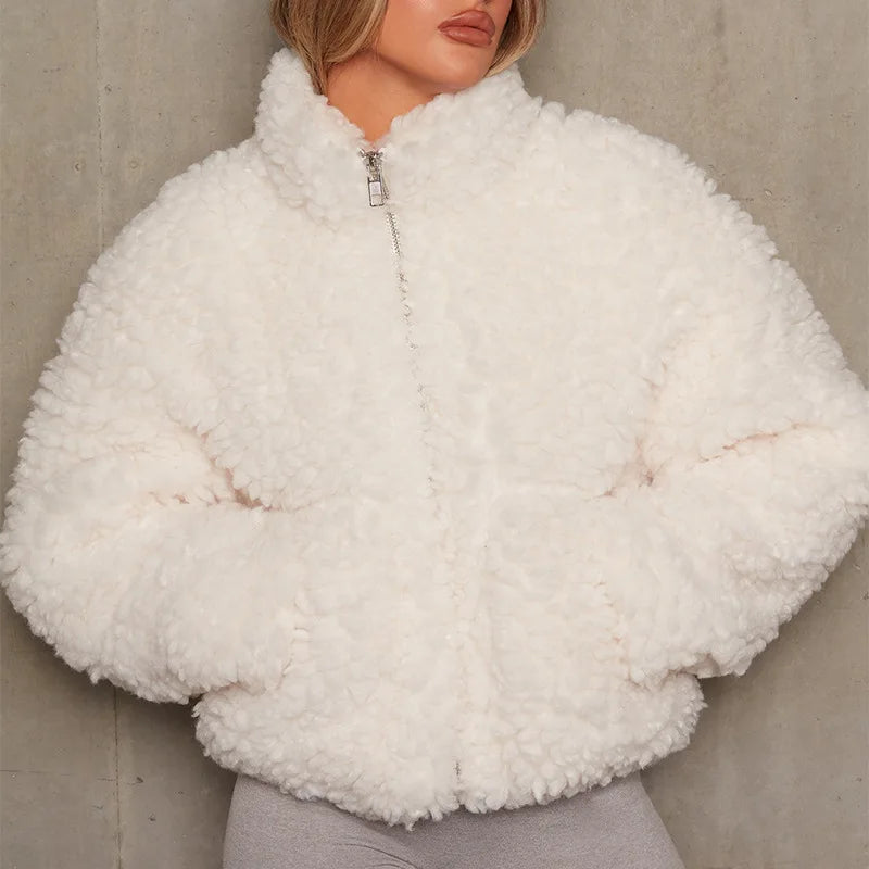 Winter Lamb Wool Short Coat For Women Thicken Warm Long Sleeve/Turtleneck Jackets Autumn Fashion Streetwear Ladies Overcoat