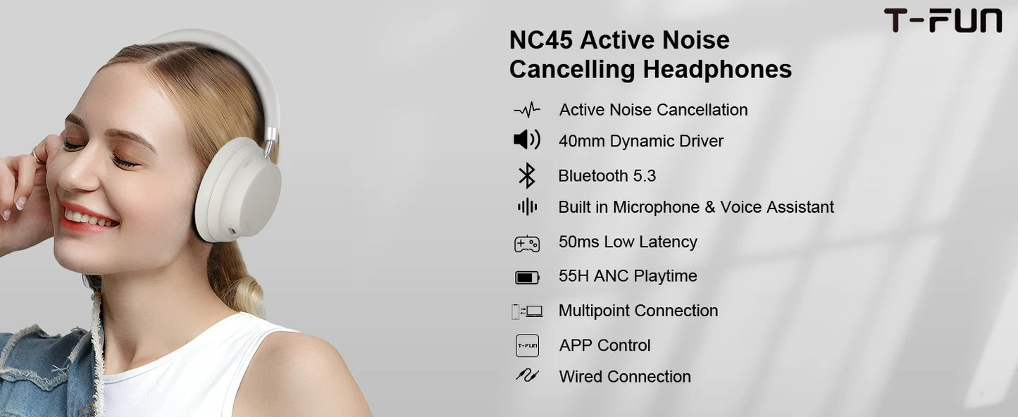 APP T-fun NC45 Bluetooth Active Noise Cancelling Headphones/Comfortable Wireless Over Ear Headphones with Mic, Hi-Res Audio,