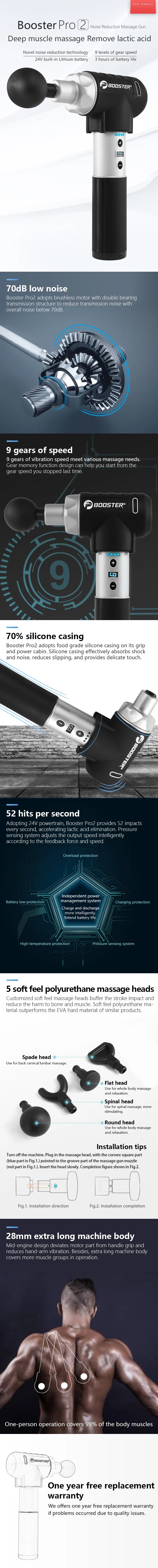 Booster Pro2 Deep Tissue Muscle Massage Gun Cordless Therapy Vibration/Body Massager 5 Heads with Low Noise