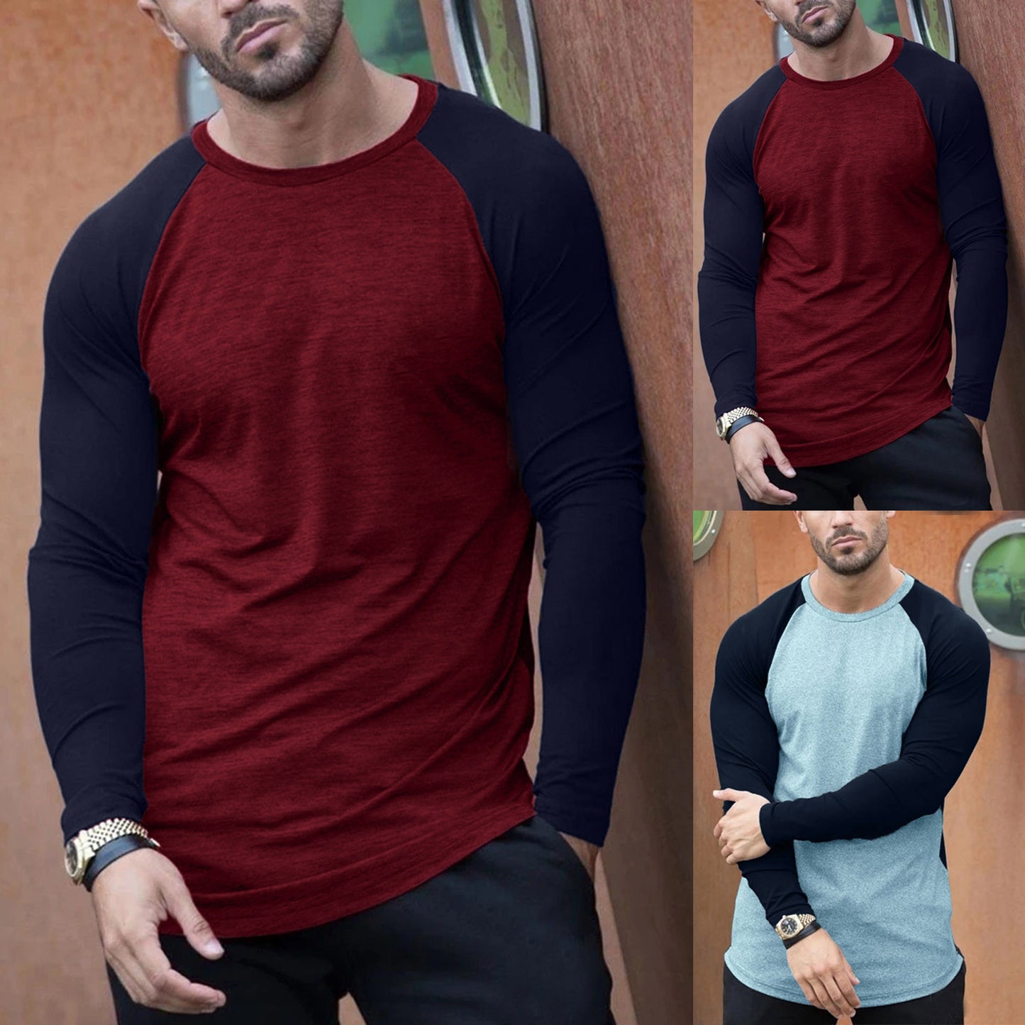 Men's Autumn Patchwork Long Sleeve T-shirt Slim Casual Fashion O Neck Pullover Top Daily Sports Oversized T Shirt Men Camisetas