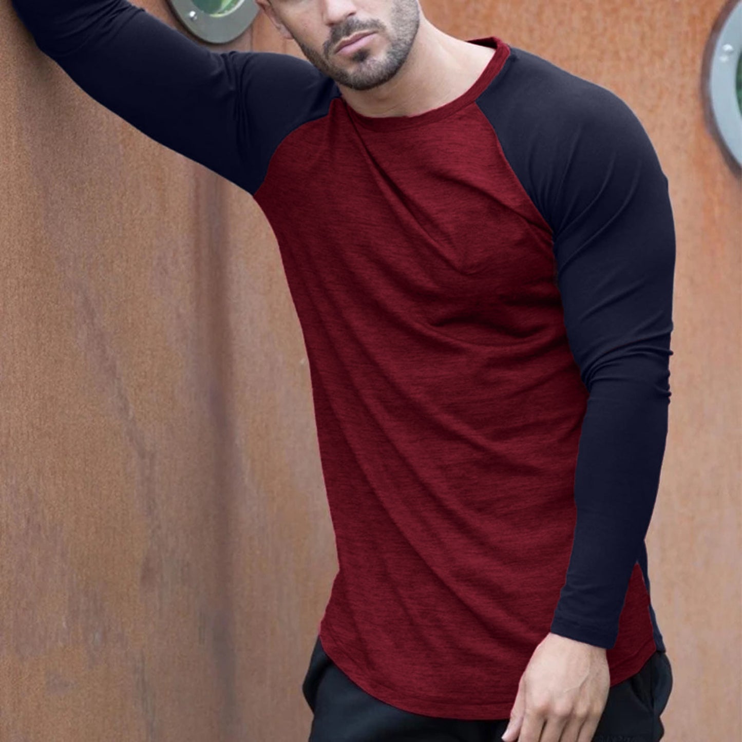 Men's Autumn Patchwork Long Sleeve T-shirt Slim Casual Fashion O Neck Pullover Top Daily Sports Oversized T Shirt Men Camisetas