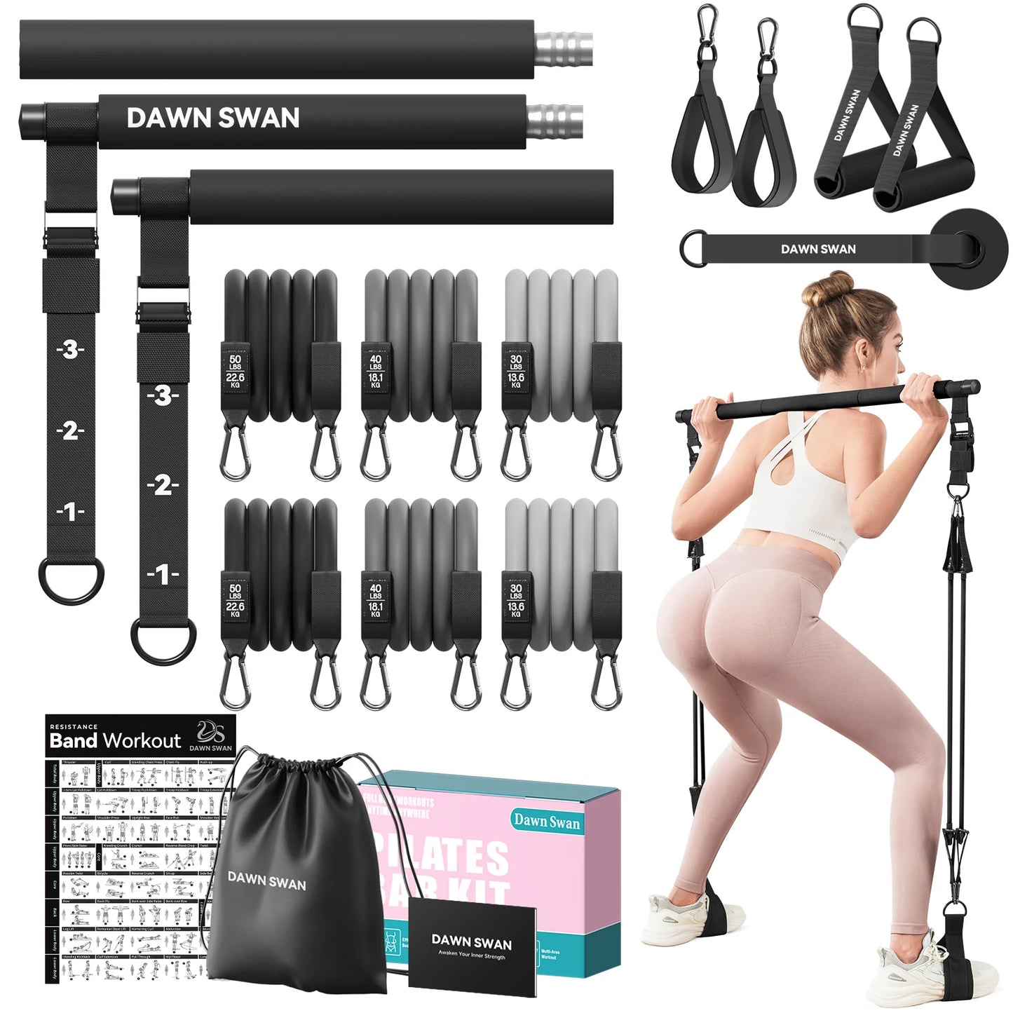 Pilates Bar Kit with Resistance Bands Adjustable Home Gym Workout/Portable Pilates Equipment for Squats Yoga Full Body Training