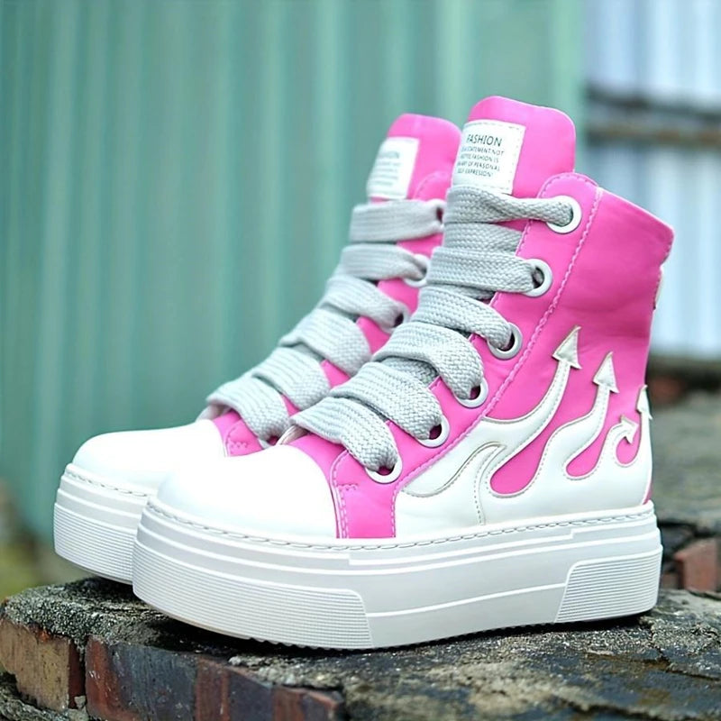 Women's High Top Flame Sports Shoes Wide Lace Up Casual Sneakers/For Woman Flat Platform Ladies Embroider Sneakers Girls Tennis