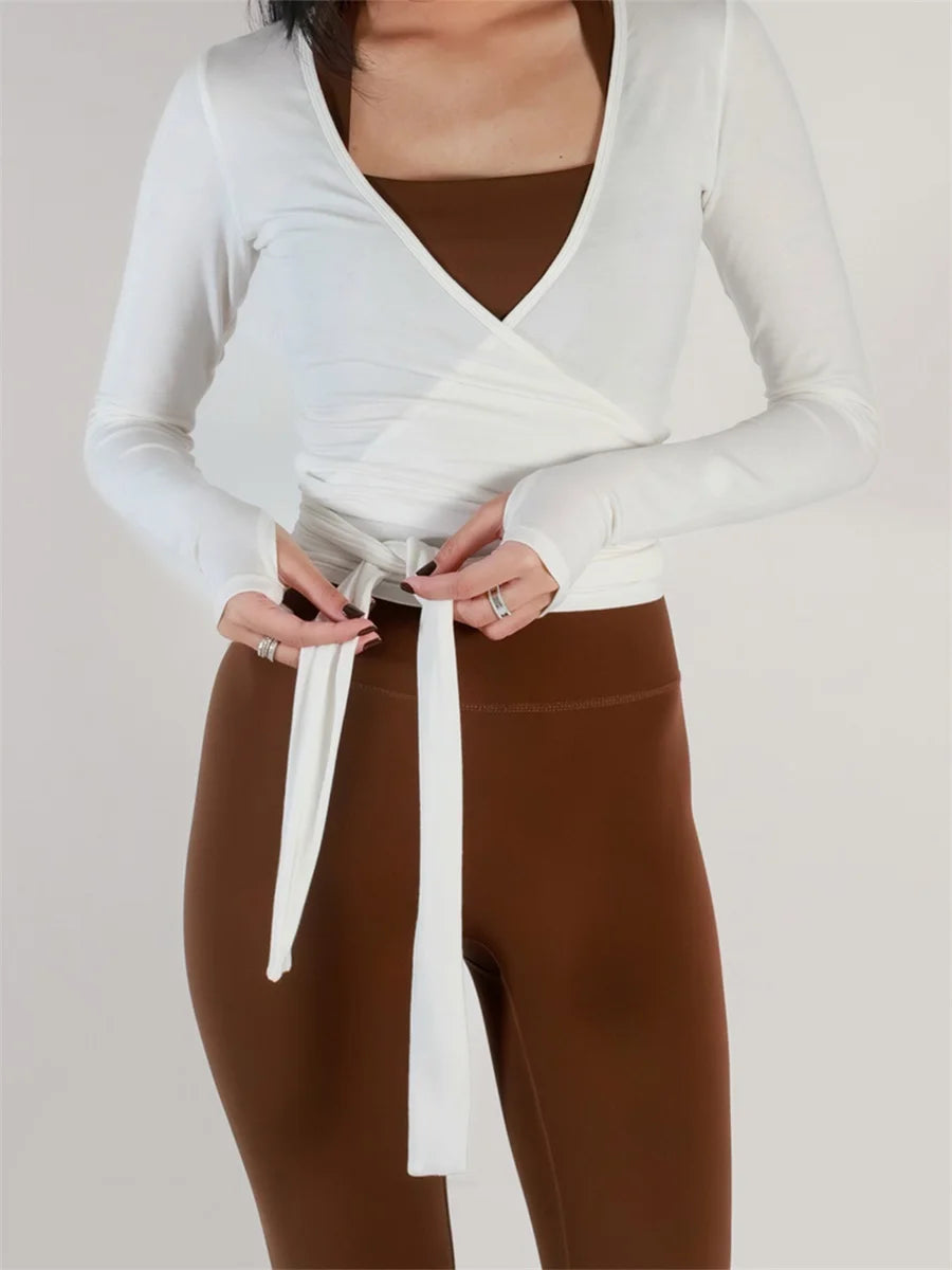 Women s Ballet Wrap Tops Solid Stylish V Neck Long Sleeve/Workout T-Shirt for Yoga and Pilates Practice