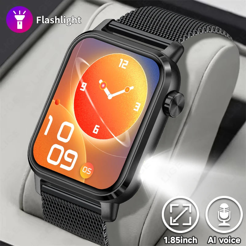 LIGE New Smart Watch 1.85''HD Screen Men Watches 3D Dial Bluetooth Call/Sport Fitness Tracker Men Smartwatch With LED Flashlight