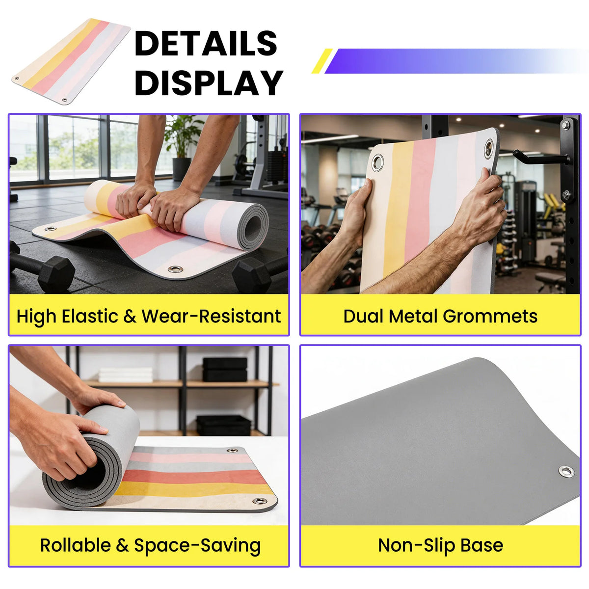 Hanging Fitness Exercise Mat, 71"×24" Non-Slip Foldable Workout Mat/with Metal Grommets for Yoga Strength Training Home Gym