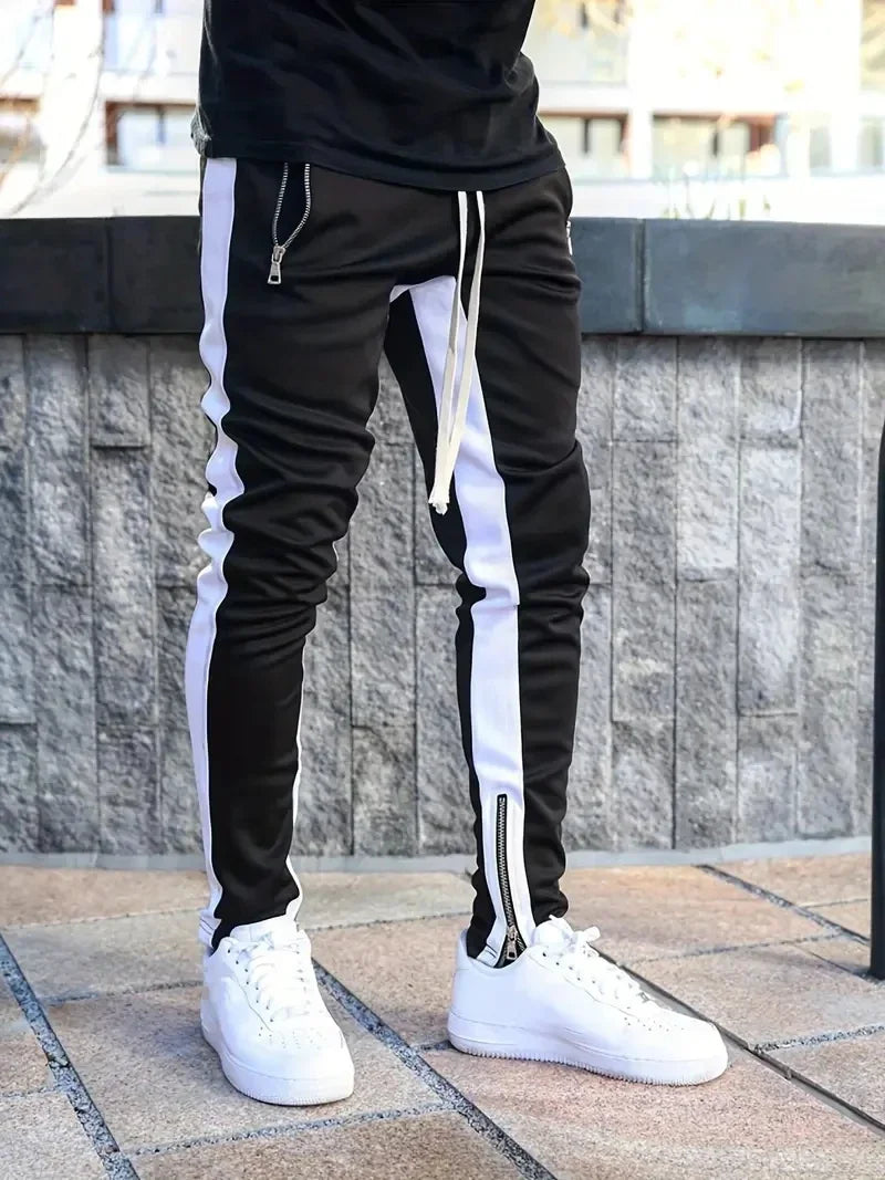 Men Sweatpants Jogging Pants Men Casual Pants Men Stylish Color Block/Zip Pockets Drawstring Sports Skinny Pants Trousers Pants