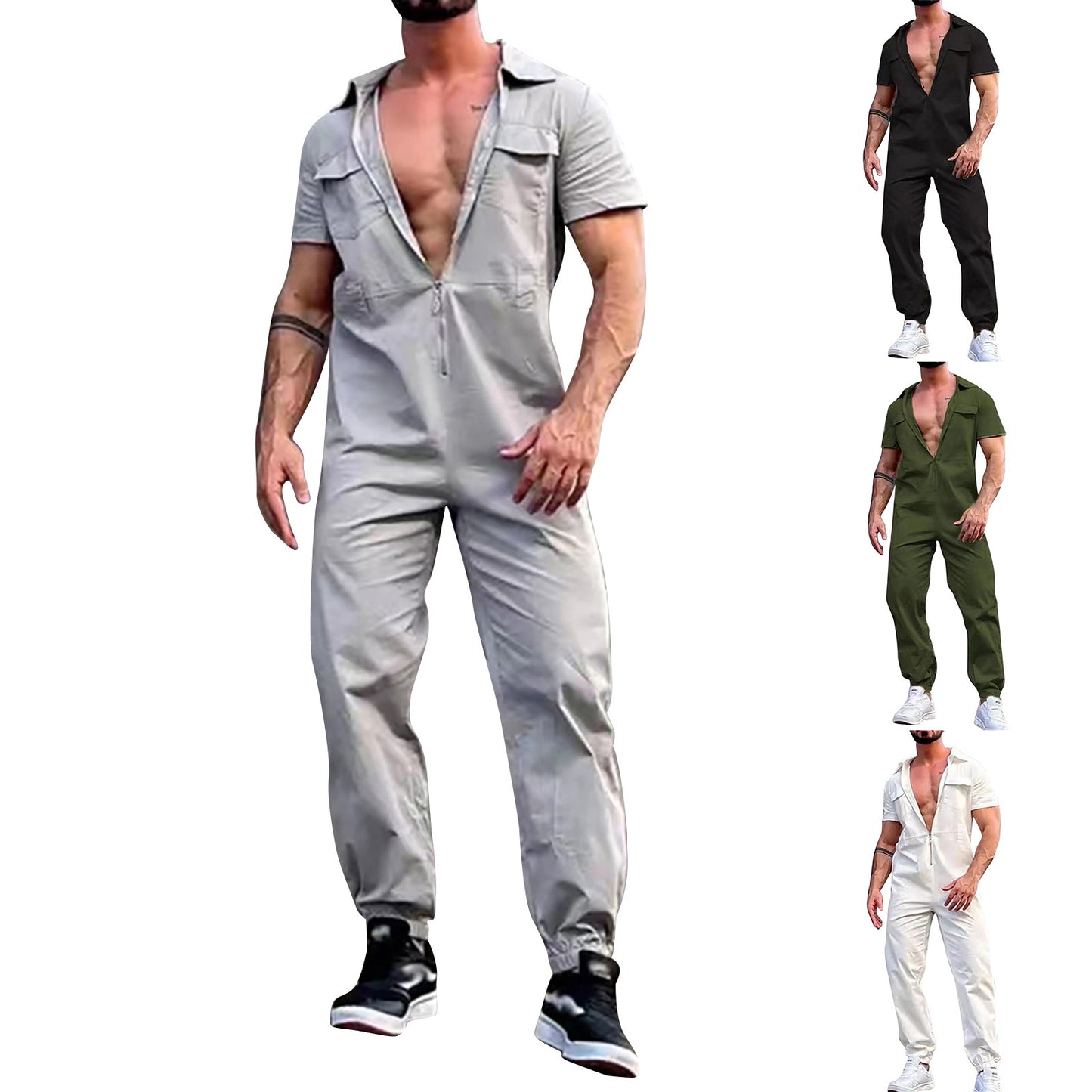Men'S Casual Jumpsuit Zip Up Sports Trousers Belt Overalls Jumpsuit Summer Suit Soild Clothing For Men Loose Streetwear Hombre