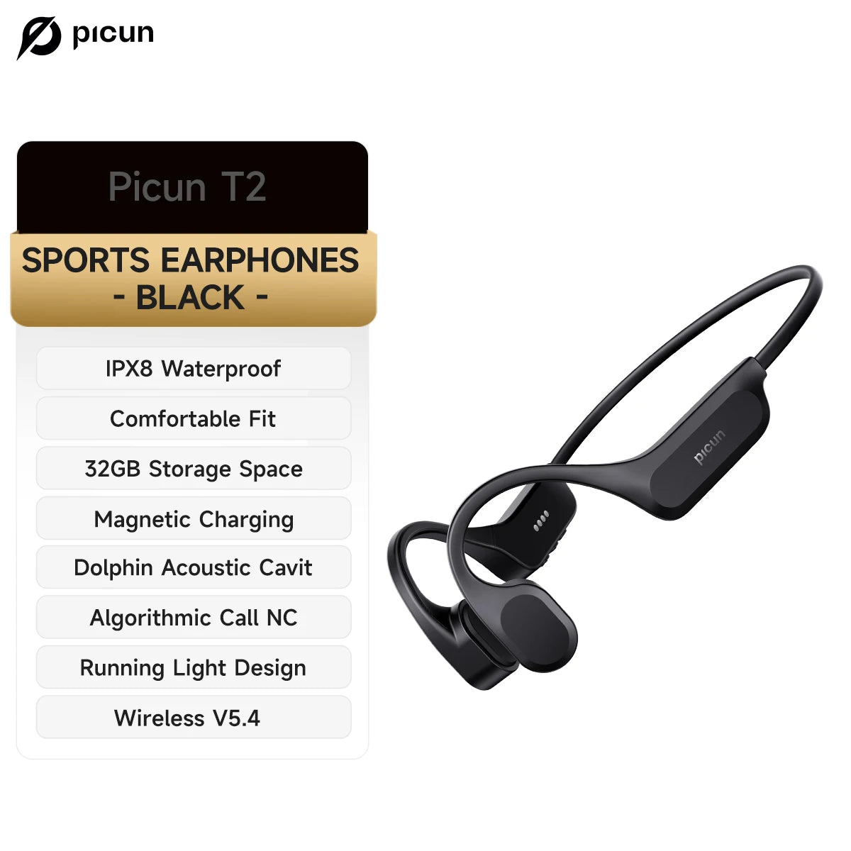 Picun T2 Bone Conduction Earphone IPX8 32GB Bluetooth 5.4 Wireless Headset/Hands-free with Mic Waterproof Earbud for Swimming