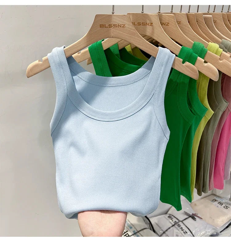 zjaiss Women Solid Round Neck Ribbed Tank Top Camisole Women/Summer Basic Elastic Tank Top O Neck Solid Tank Top