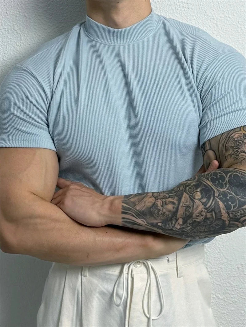 spring summer fashion Men's T-shirt Small high collar stripe shirt/short sleeve fitness top leisure sport T-shirt Men sportswear