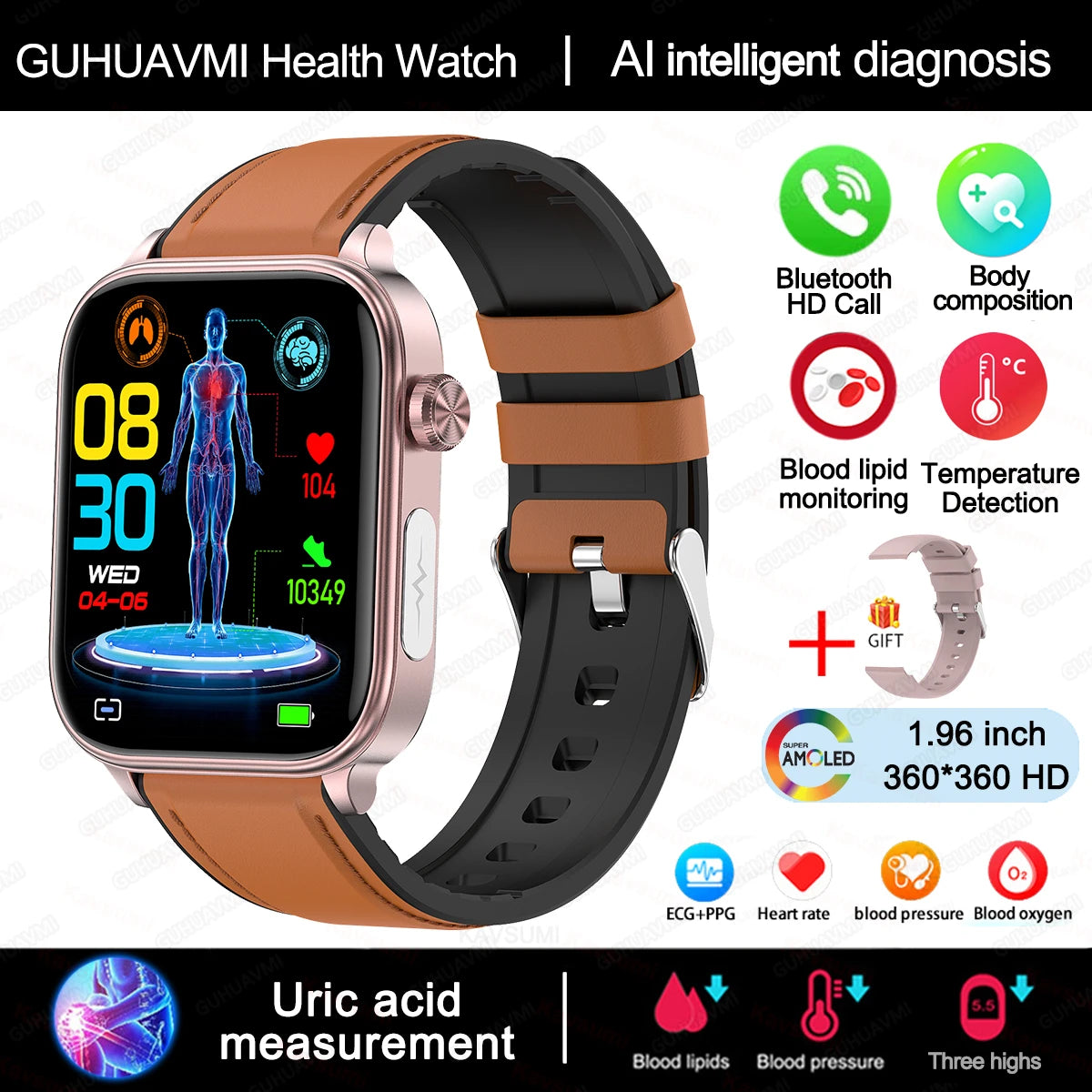 New Al Science Diagnosis Blood Lipids Uric Acid Blood Oxygen/Smart Watch Men ECG+PPG Voice Bluetooth Call Health Smartwatch