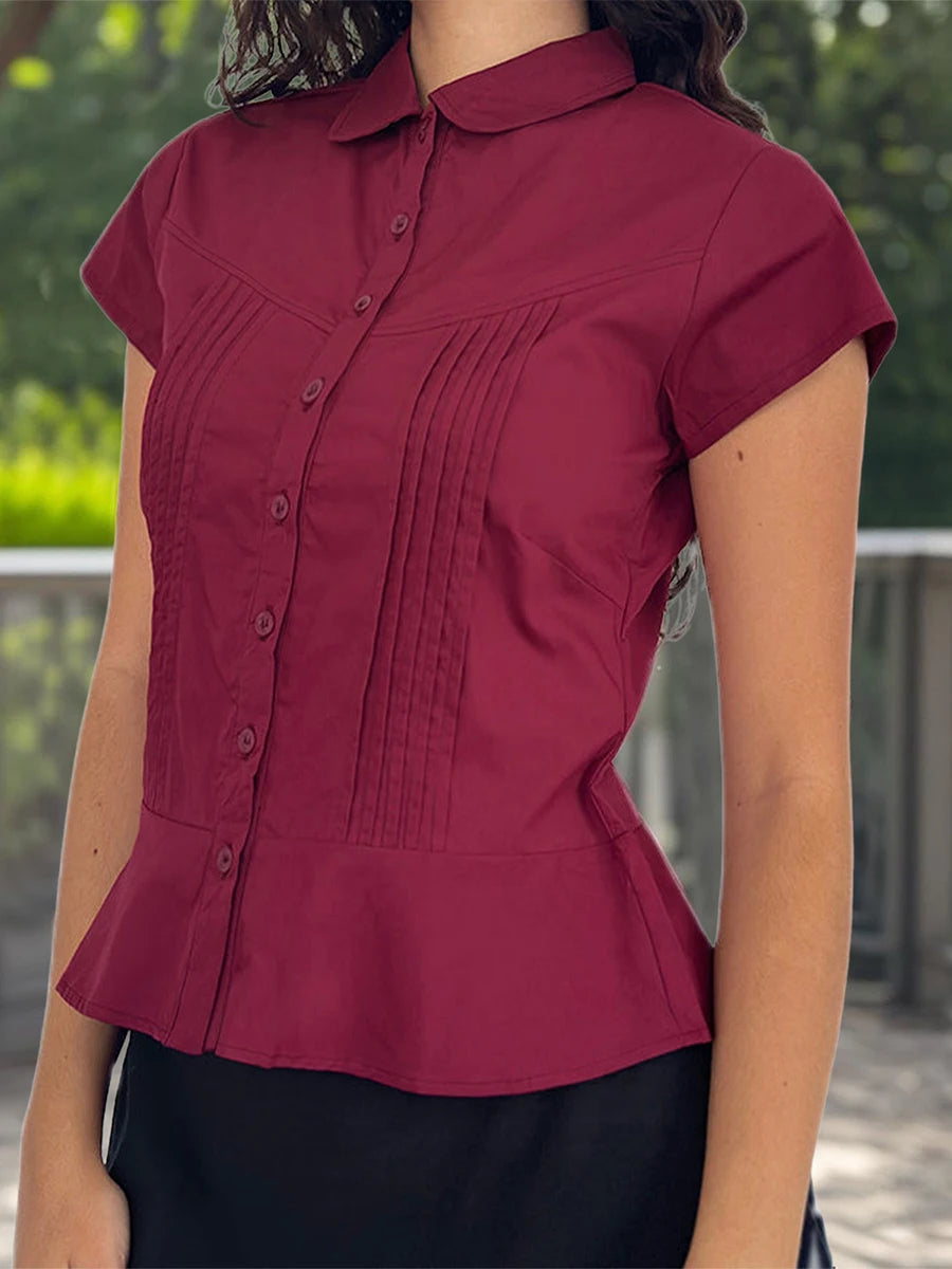 Women s Casual V-Neck T-Shirt Loose Fit Short Sleeve Solid Color/Button Down Pleated Blouse Summer Tops for Ladies