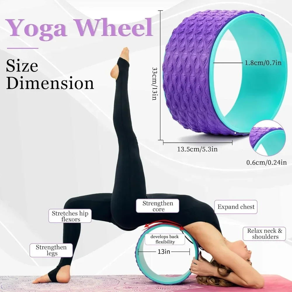 Yoga Wheel 12 in 1 Set with Back Roller for Pain Relief & Deep Tissue Massage/Yoga Blocks 2 Pack with Yoga Ring Yoga Strap