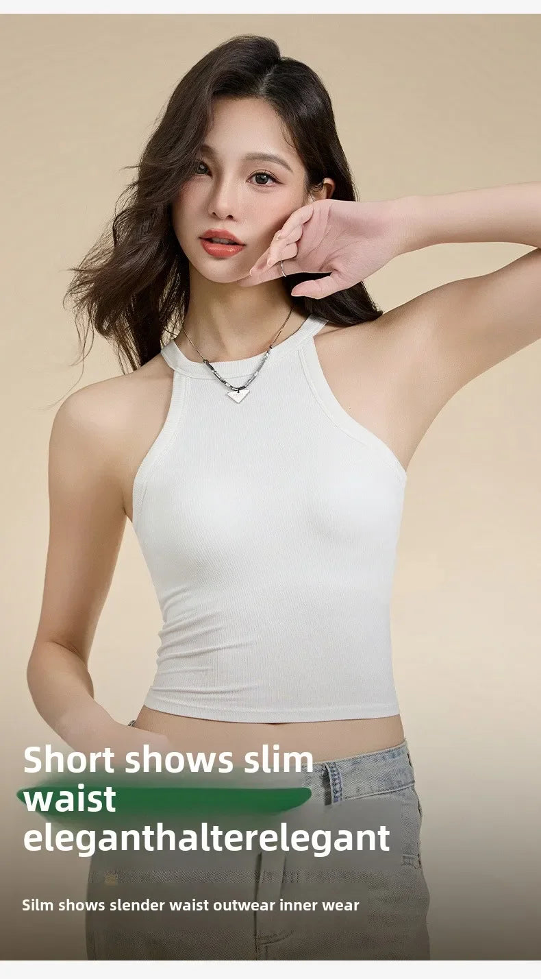 Threaded Halter Neck Camisole Top With Build-in Bra High Elastic/Slim-fitting Sling Fixed Cup Breathable Women Tank top