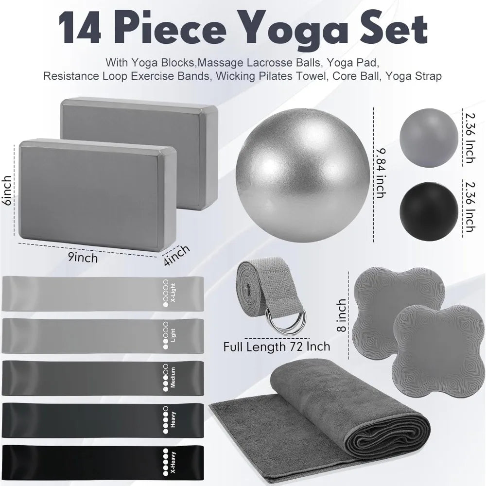 14 Pcs Yoga Kits for Home Workouts Pilates Equipment Set for Women/Beginners Include Hot Yoga Towel Blocks Strap, Knee Pad