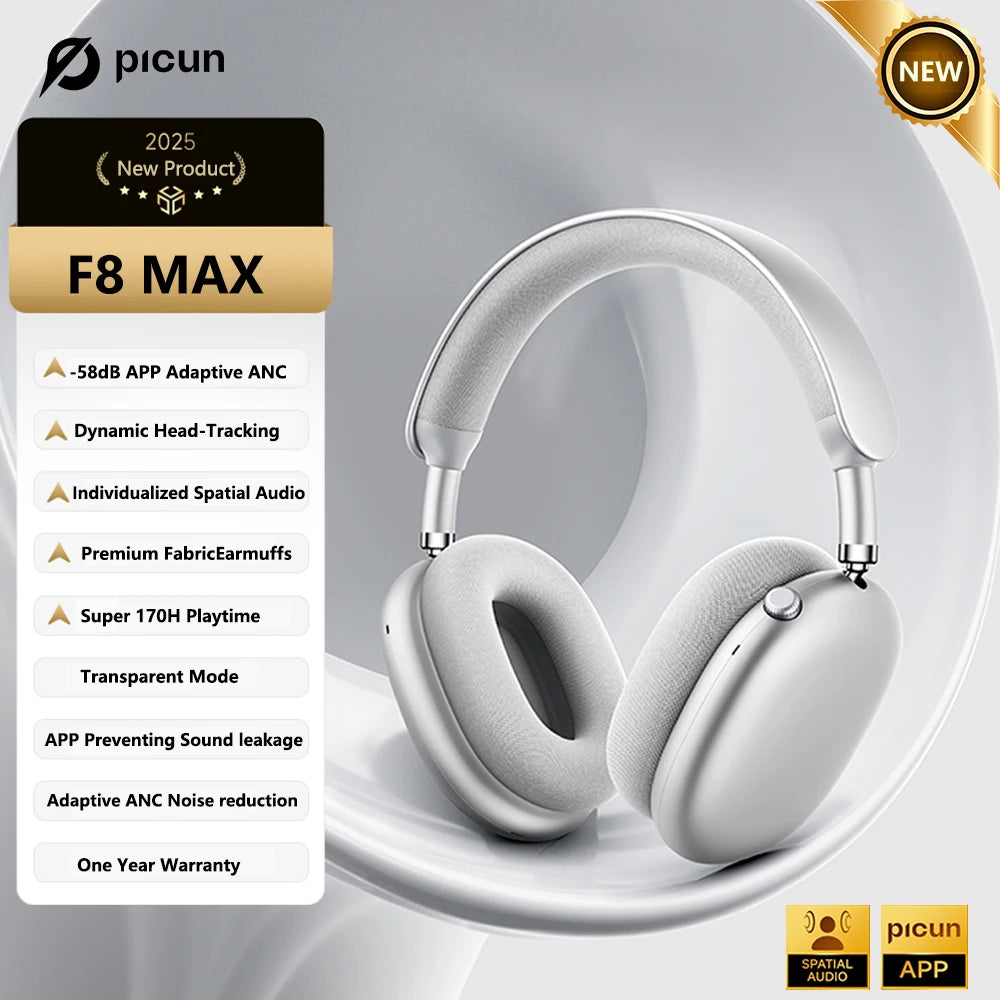 Picun F8 Pro ANC Wireless Headphones 3D Spatial Audio Head Tracking/52dB ANC HIFI Bluetooth Headset ENC HD Mic Low-Latency APP