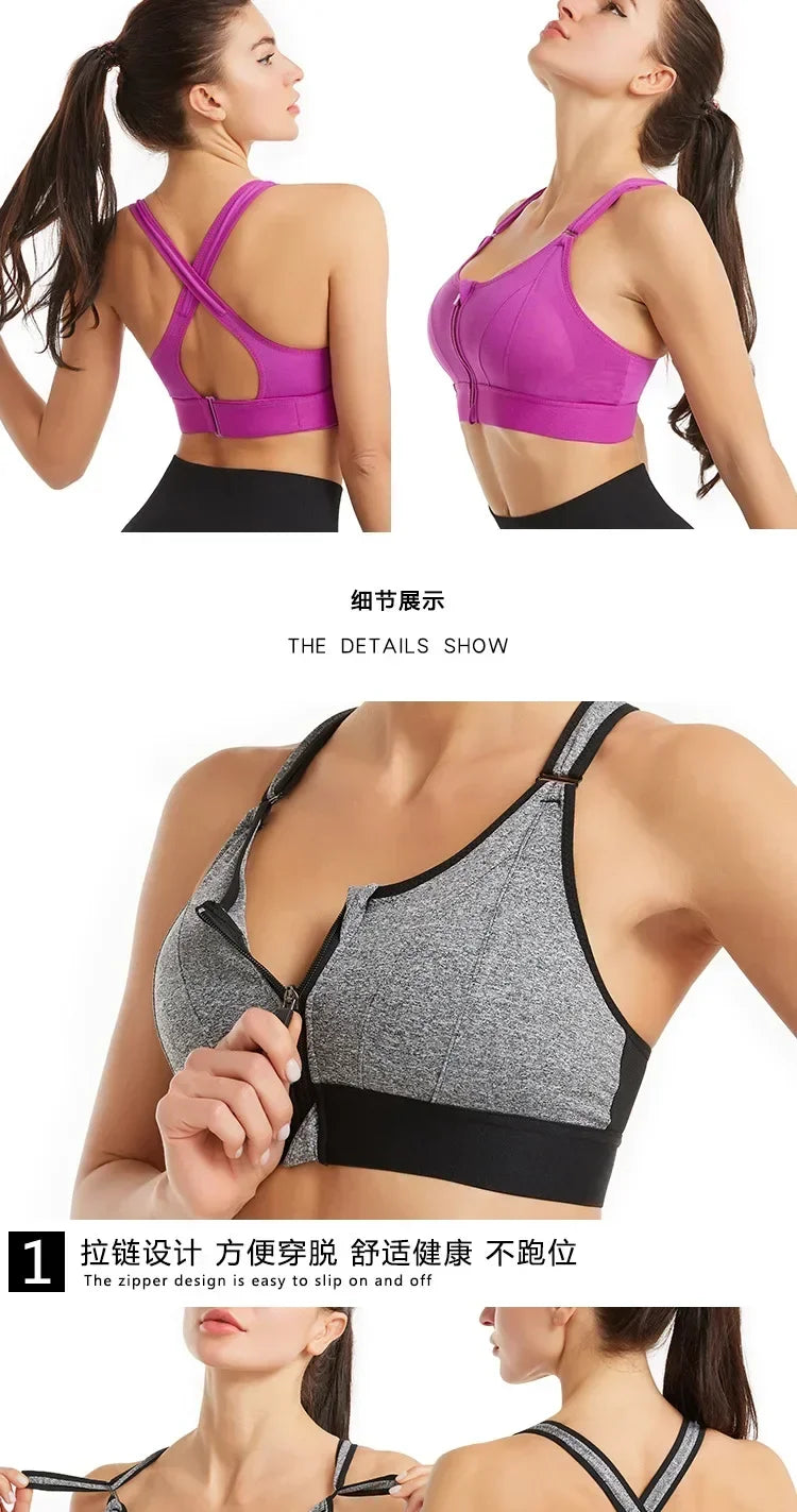 Women Sports Bras Tights Crop Top Yoga Vest Front Zipper Plus Size/Adjustable Strap Shockproof Gym Fitness Athletic Bras