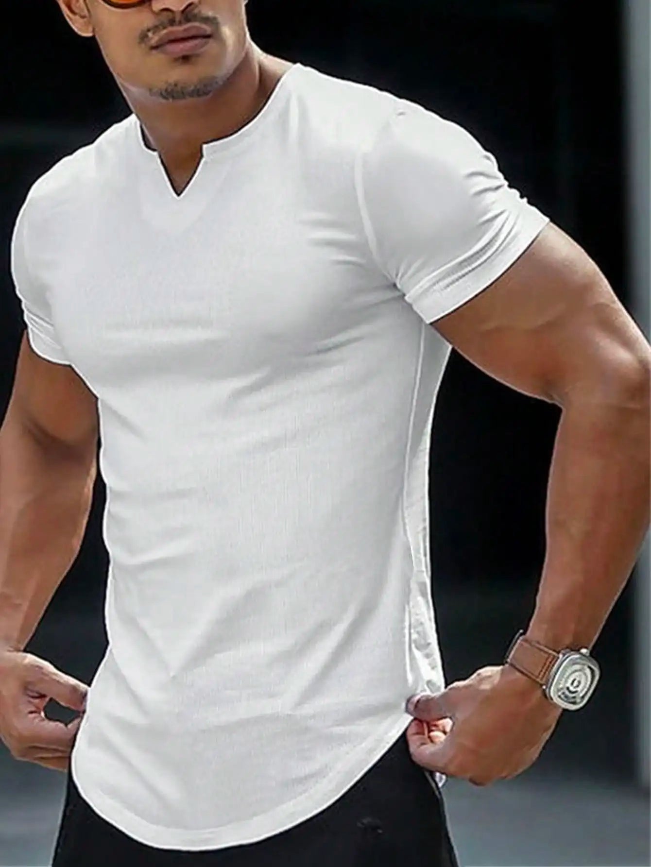 Men Notch Neck Slim Fit/Black T-Shirt Casual Gym Top