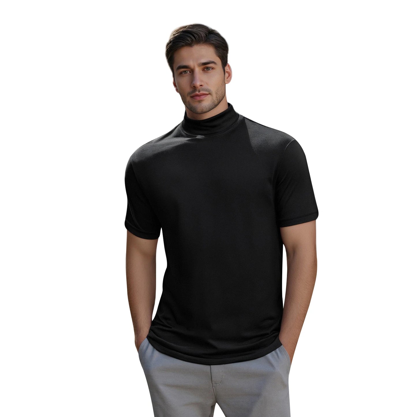 Men s Casual Short Sleeve T-Shirt Fit Solid Color High Neck Summer/Basic Tee Simple Tops for Everyday Wear