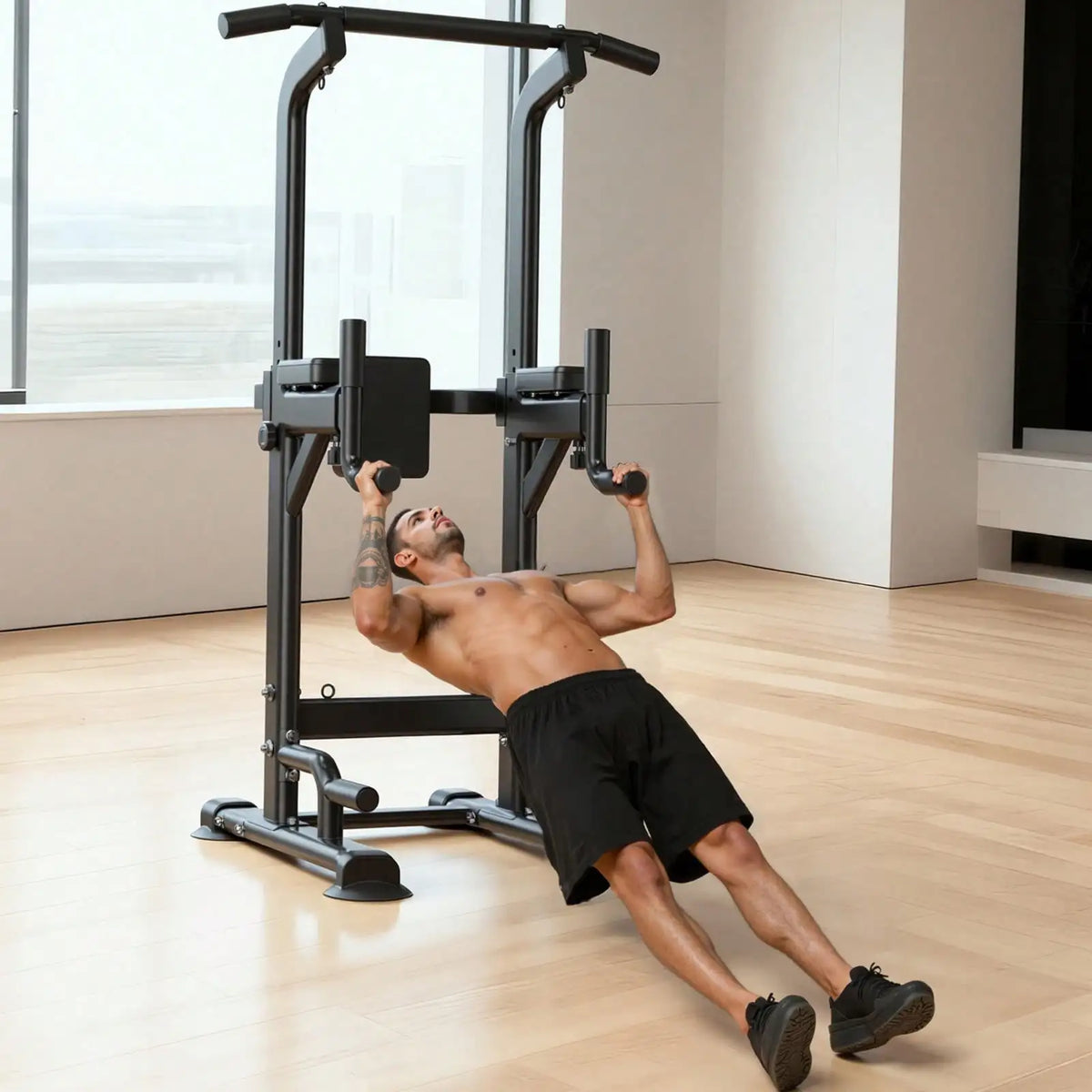 Pull Up Bar, 330 LBS Power Tower Dip Station, Workout Dip Station/With H-Shaped Stable Base & Back Pad, Adjustable 12 Level Height