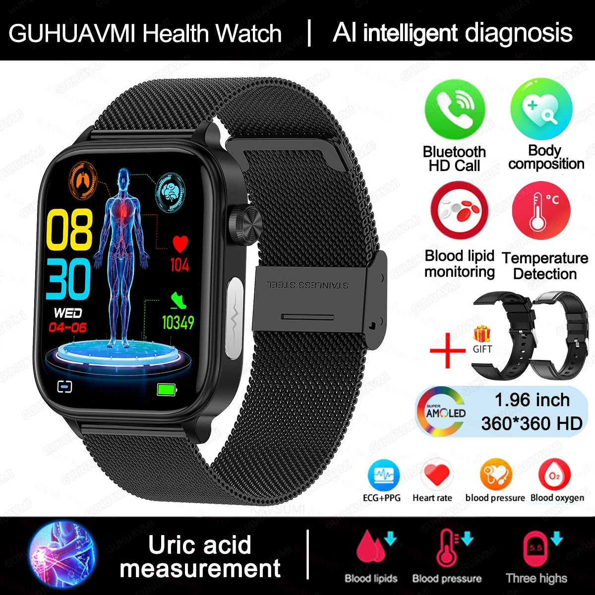 New Al Science Diagnosis Blood Lipids Uric Acid Blood Oxygen/Smart Watch Men ECG+PPG Voice Bluetooth Call Health Smartwatch