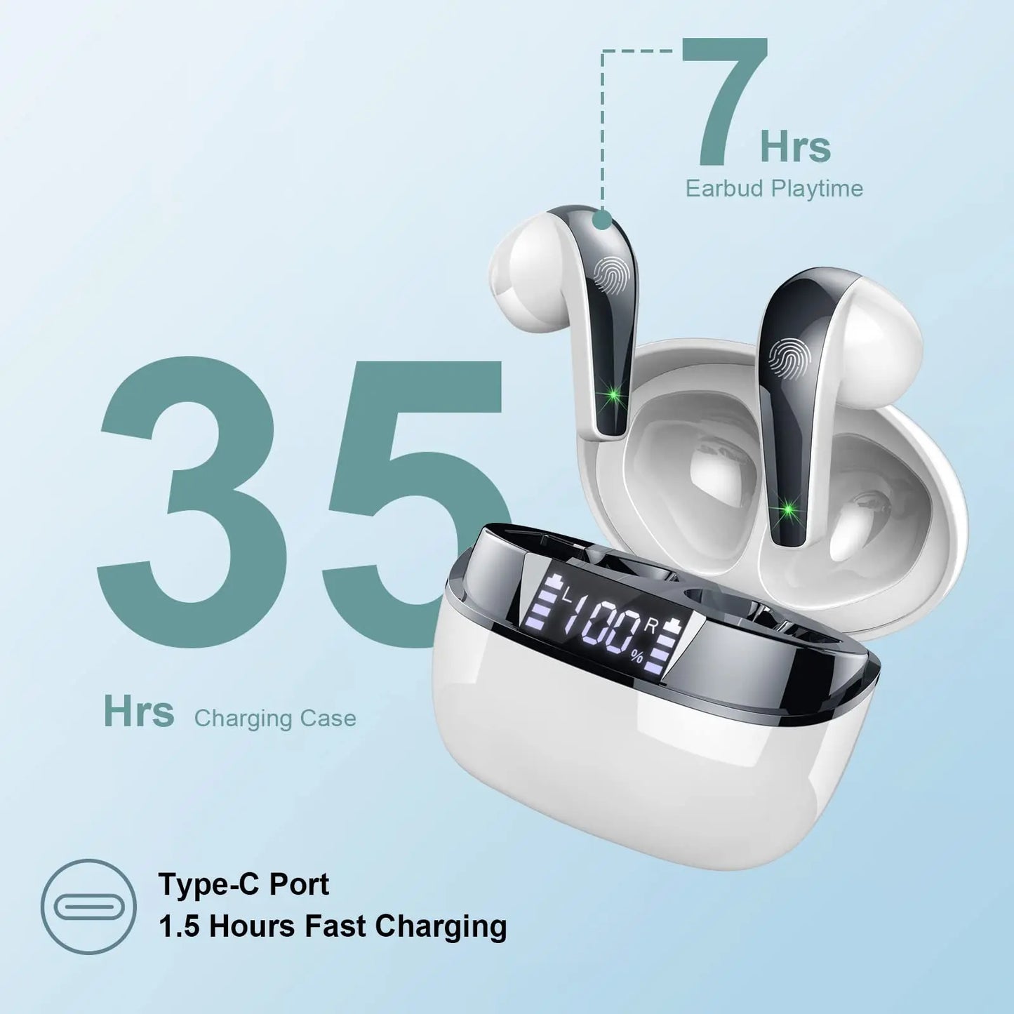 Wireless Earbuds, Bluetooth 5.3 Headphones In Ear with Dual Mic/35H Wireless Earphones Sport with ENC Noise Canceling Mic.