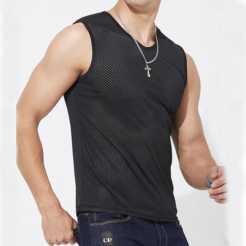 Men's Ice Silk Mesh Tank Tops Gym Stringer Transparent Bodybuilding/Sleeveless Shirt Fitness Vest Male mesh Muscle Shirt