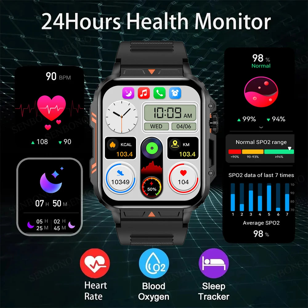 SENBONO Military Smart Watch Bluetooth Call 24/7 Heart Rate Monitor/IP68 Waterproof 100+ Sport Mode Smartwatch for Men Women
