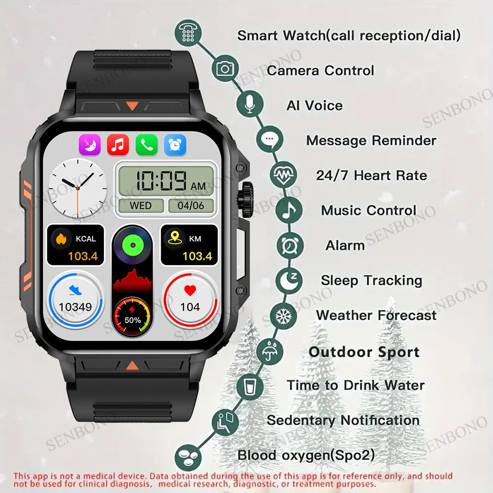 SENBONO Military Smart Watch Bluetooth Call 24/7 Heart Rate Monitor/IP68 Waterproof 100+ Sport Mode Smartwatch for Men Women