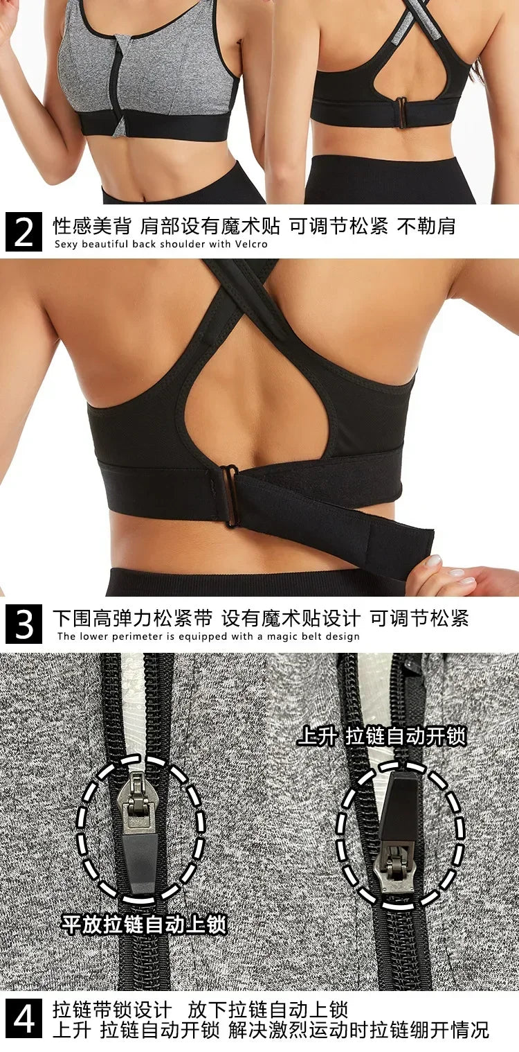 Women Sports Bras Tights Crop Top Yoga Vest Front Zipper Plus Size/Adjustable Strap Shockproof Gym Fitness Athletic Bras