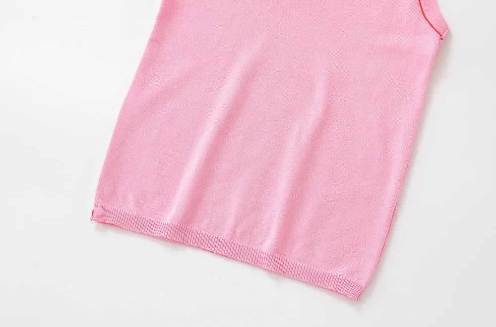 Women's Sleeveless Knit Tank Tops V Neck/Contrast Trims Female Vest Fashion
