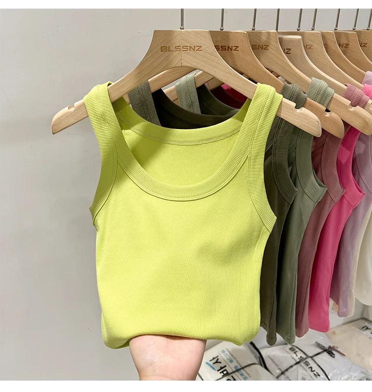zjaiss Women Solid Round Neck Ribbed Tank Top Camisole Women/Summer Basic Elastic Tank Top O Neck Solid Tank Top