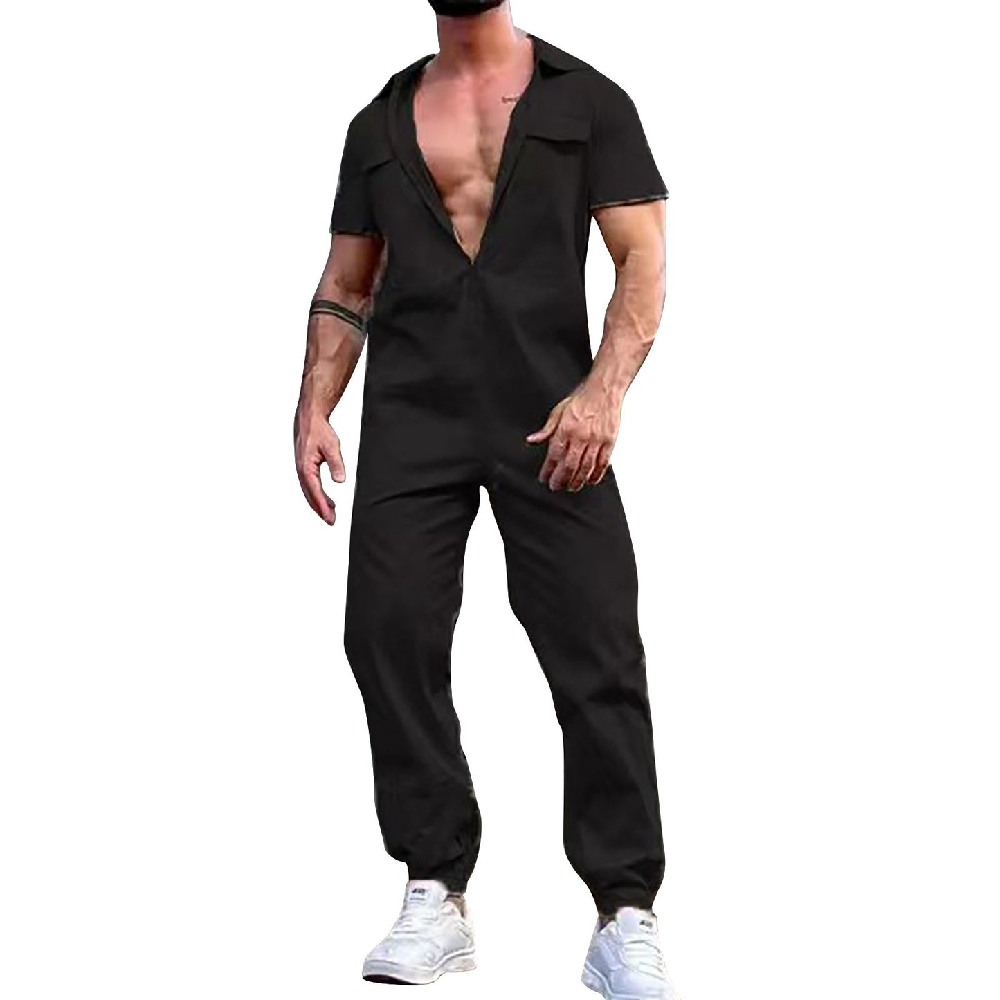 Men'S Casual Jumpsuit Zip Up Sports Trousers Belt Overalls Jumpsuit Summer Suit Soild Clothing For Men Loose Streetwear Hombre