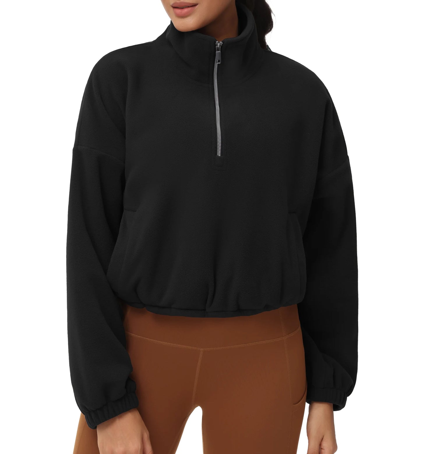 THE GYM PEOPLE Women’s Half Zip Crop Pullover Sweatshirt Fleece/Loose Fit Workout Tops with Pockets Drawstring