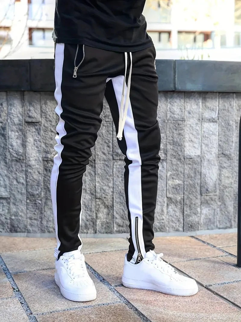 Men Sweatpants Jogging Pants Men Casual Pants Men Stylish Color Block/Zip Pockets Drawstring Sports Skinny Pants Trousers Pants
