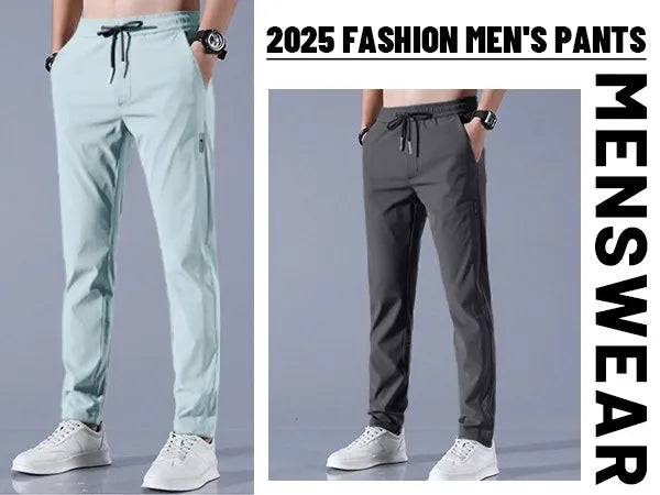 Men Fast Dry Stretch Pants Ice Silk Trousers Solid Color Mid-Waist/Loose Breathable Straight-Leg Casual Pants Thin Sports Pants