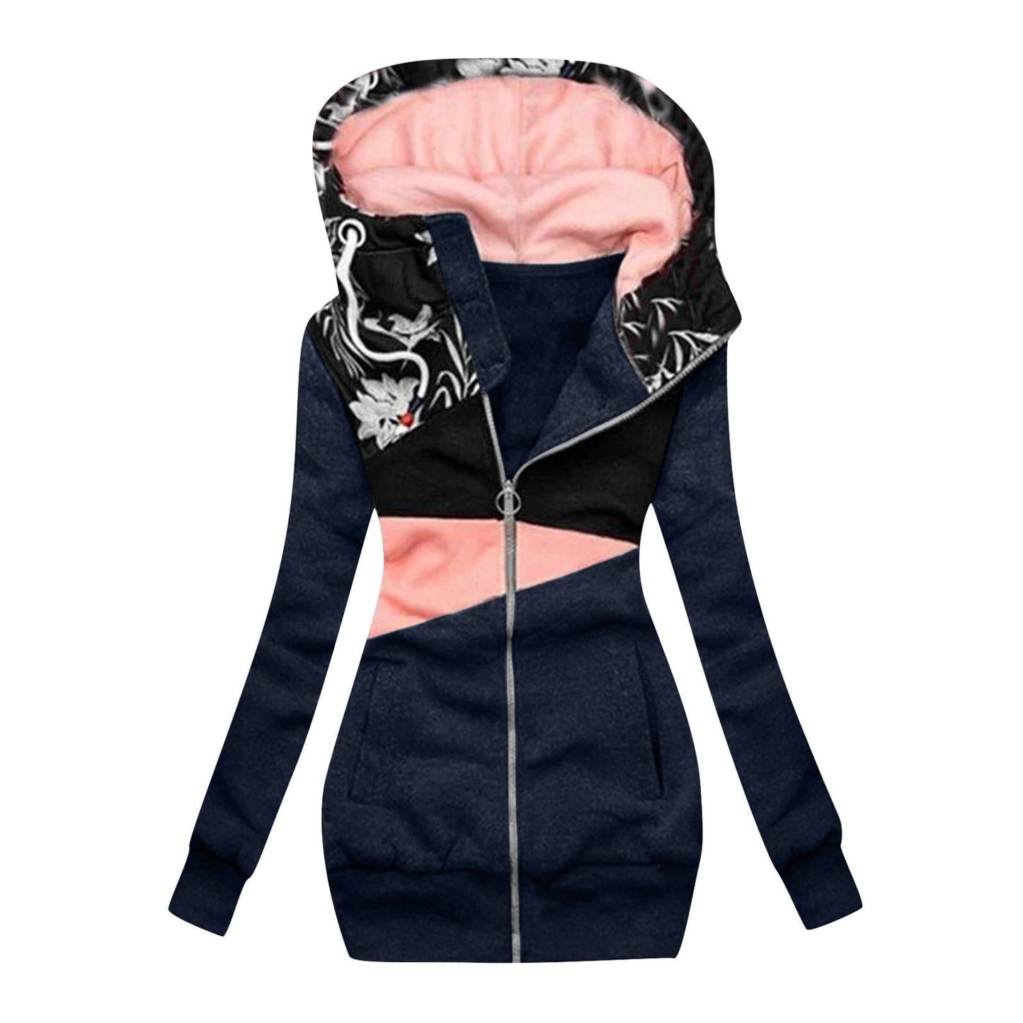 Jacket For Women Autumn Winter 2023 Sweatshirt Zipper Color Block Printed Coat Hooded Pullover Long Sleeve Jackets Ropa De Mujer