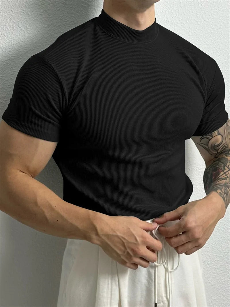spring summer fashion Men's T-shirt Small high collar stripe shirt/short sleeve fitness top leisure sport T-shirt Men sportswear