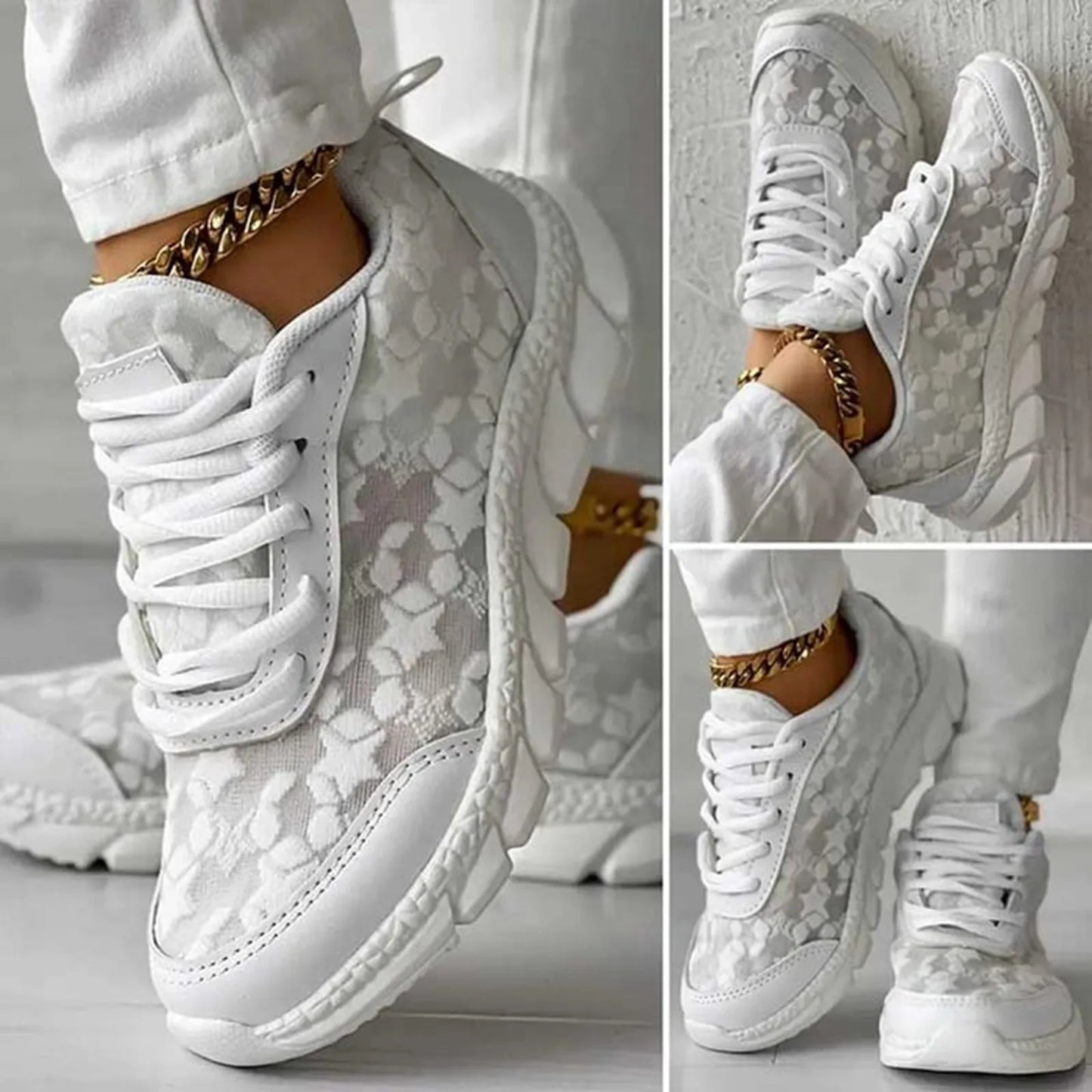Women's Fashion Vulcanized Sneakers Breathable Mesh Leather/Patchwork Platform Shoes Color Matching Lace Up Running Shoes