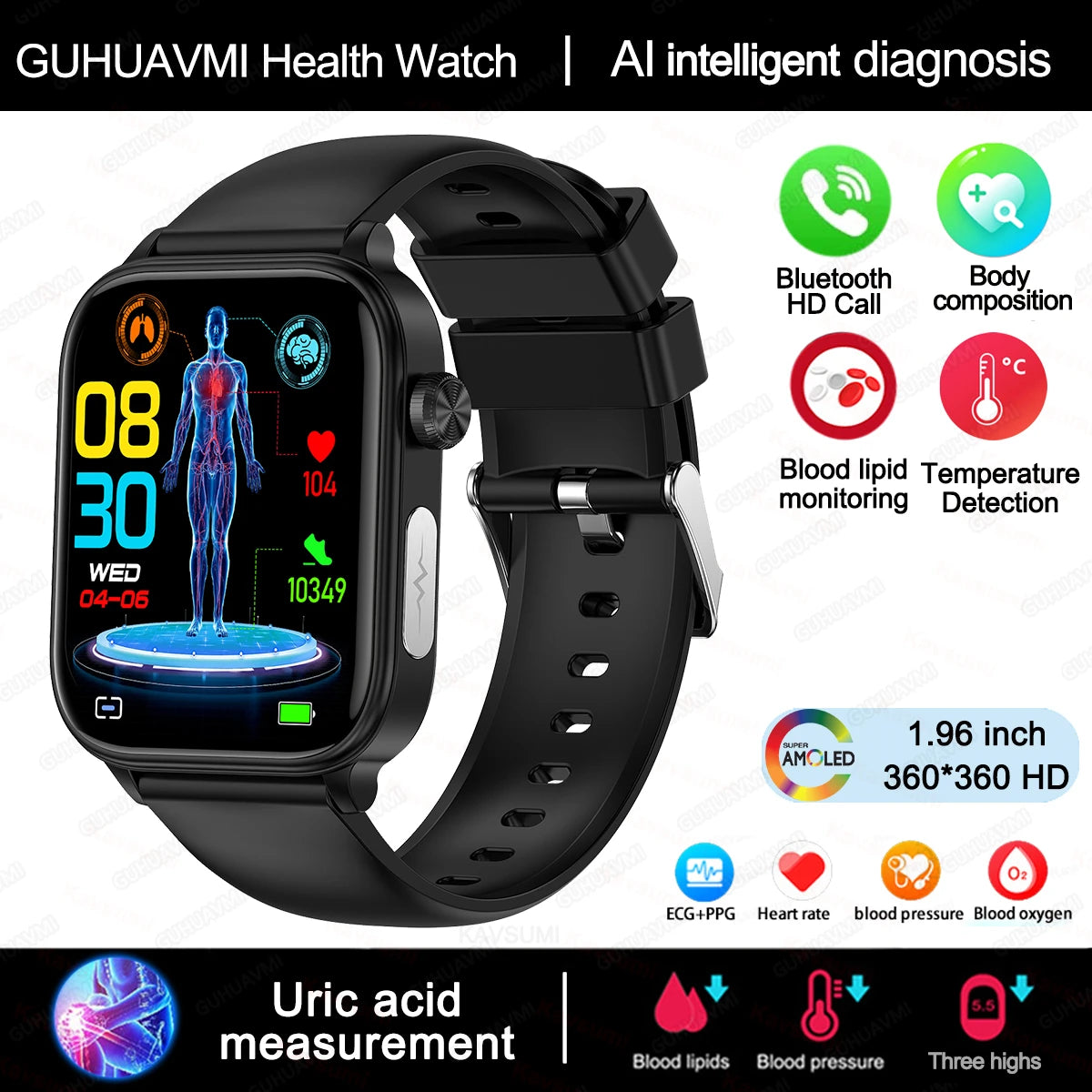 New Al Science Diagnosis Blood Lipids Uric Acid Blood Oxygen/Smart Watch Men ECG+PPG Voice Bluetooth Call Health Smartwatch