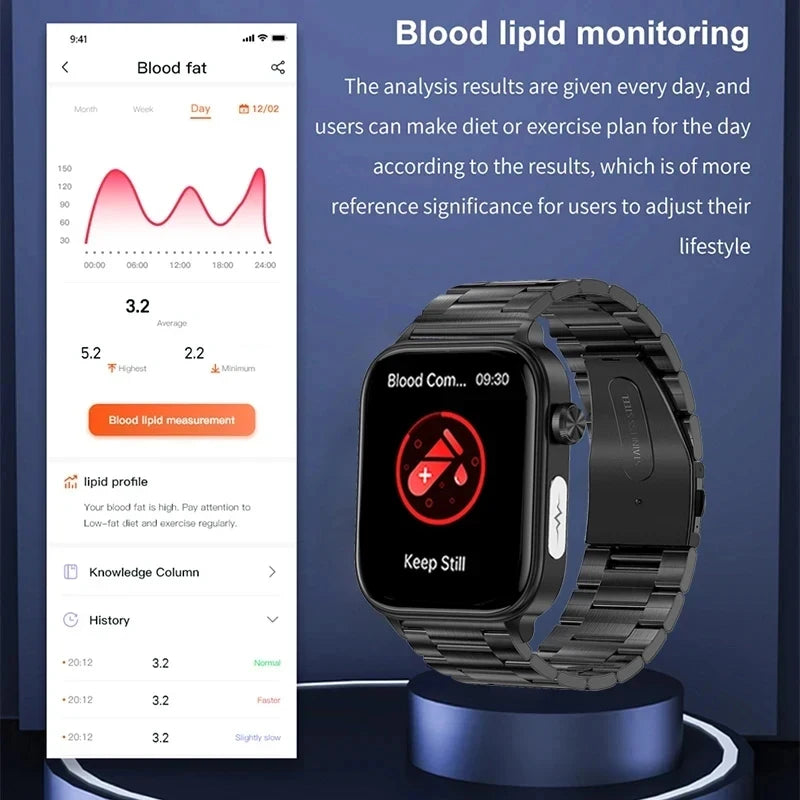 New Al Science Diagnosis Blood Lipids Uric Acid Blood Oxygen/Smart Watch Men ECG+PPG Voice Bluetooth Call Health Smartwatch
