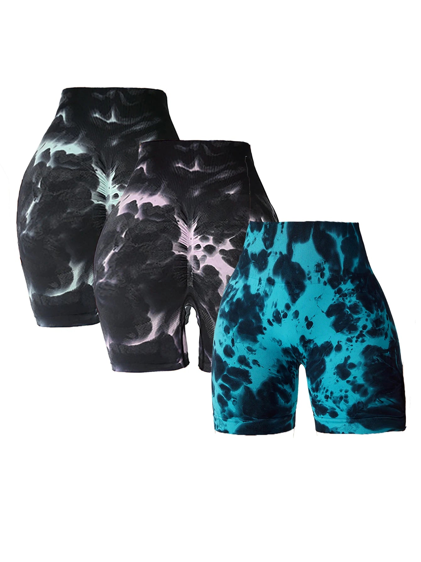 3 Pack Us Local Women's Tie-Dye Spring Summer Fitness Yoga Gym Shorts/Trendy Active Wear Shorts Wide band Waist