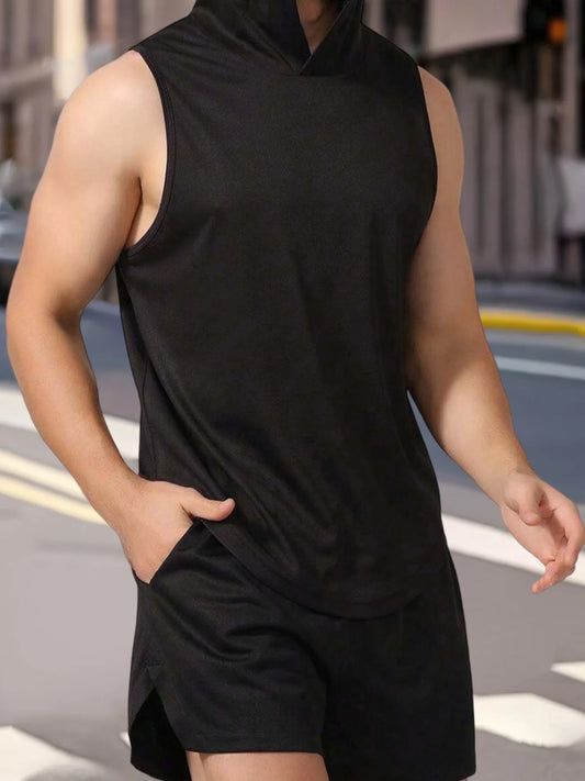 Men s Sleeveless Hooded Workout Tank Top Solid Color Athletic/Gym Vest for Bodybuilding and Summer Fitness Training